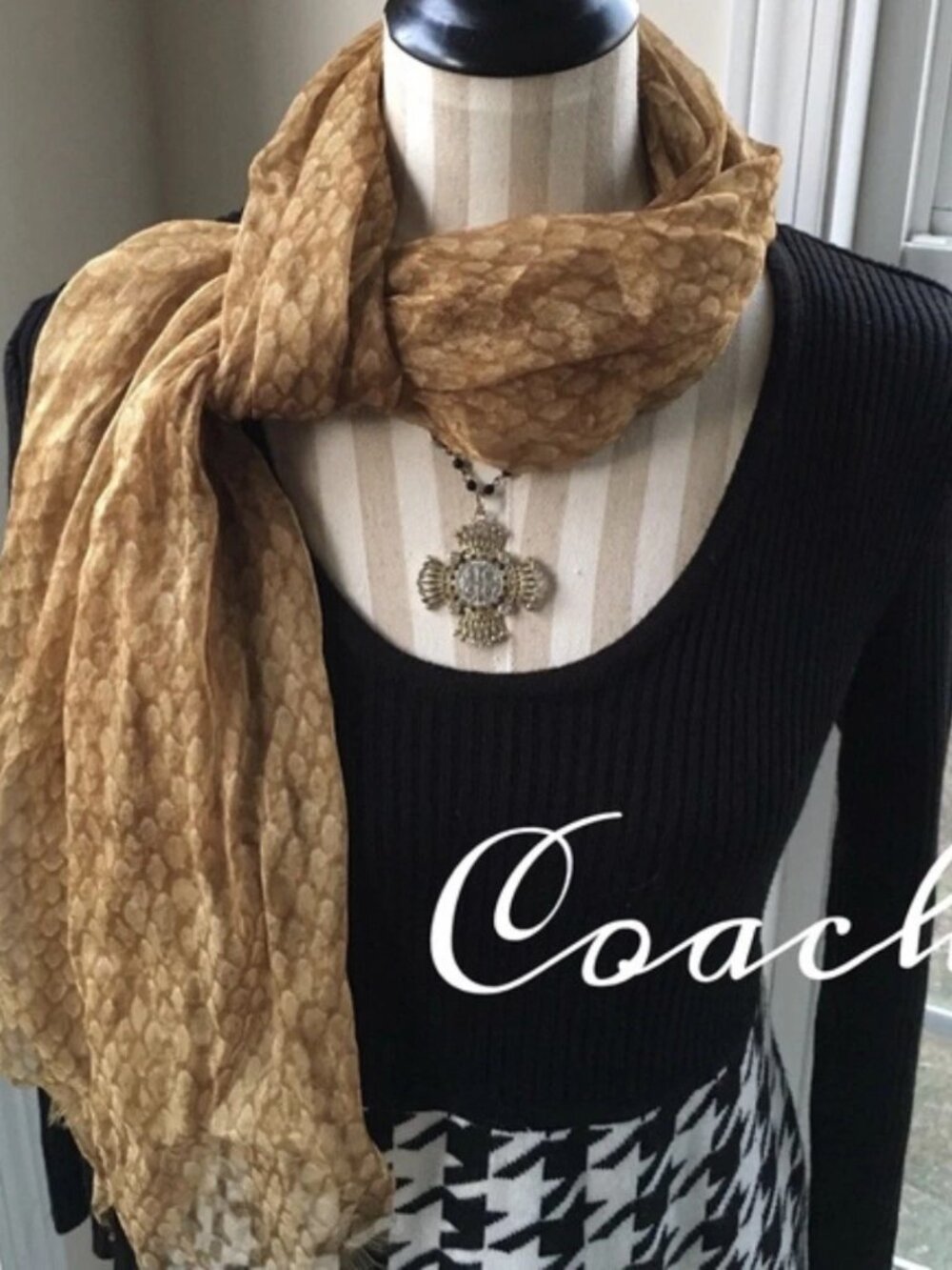 Coach Gold Metallic Python Snake Print Scarf Wrap Shawl Sheer 80" x 20" Designer